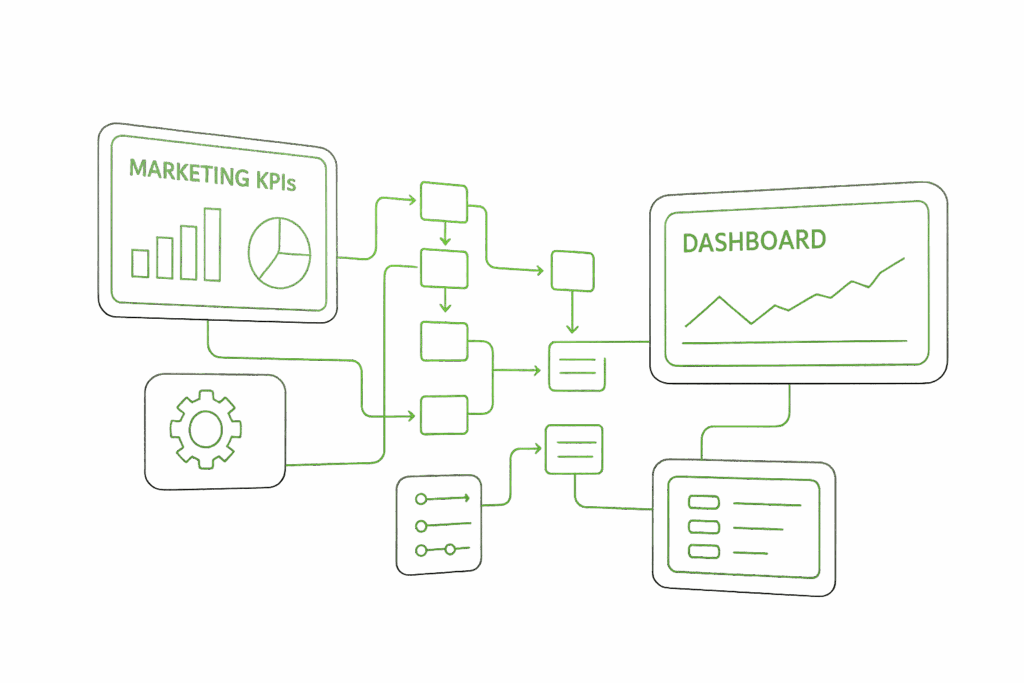 Diagrama conceptual de flujos de automatización y métricas de marketing en verde neón sobre fondo oscuro grafito.