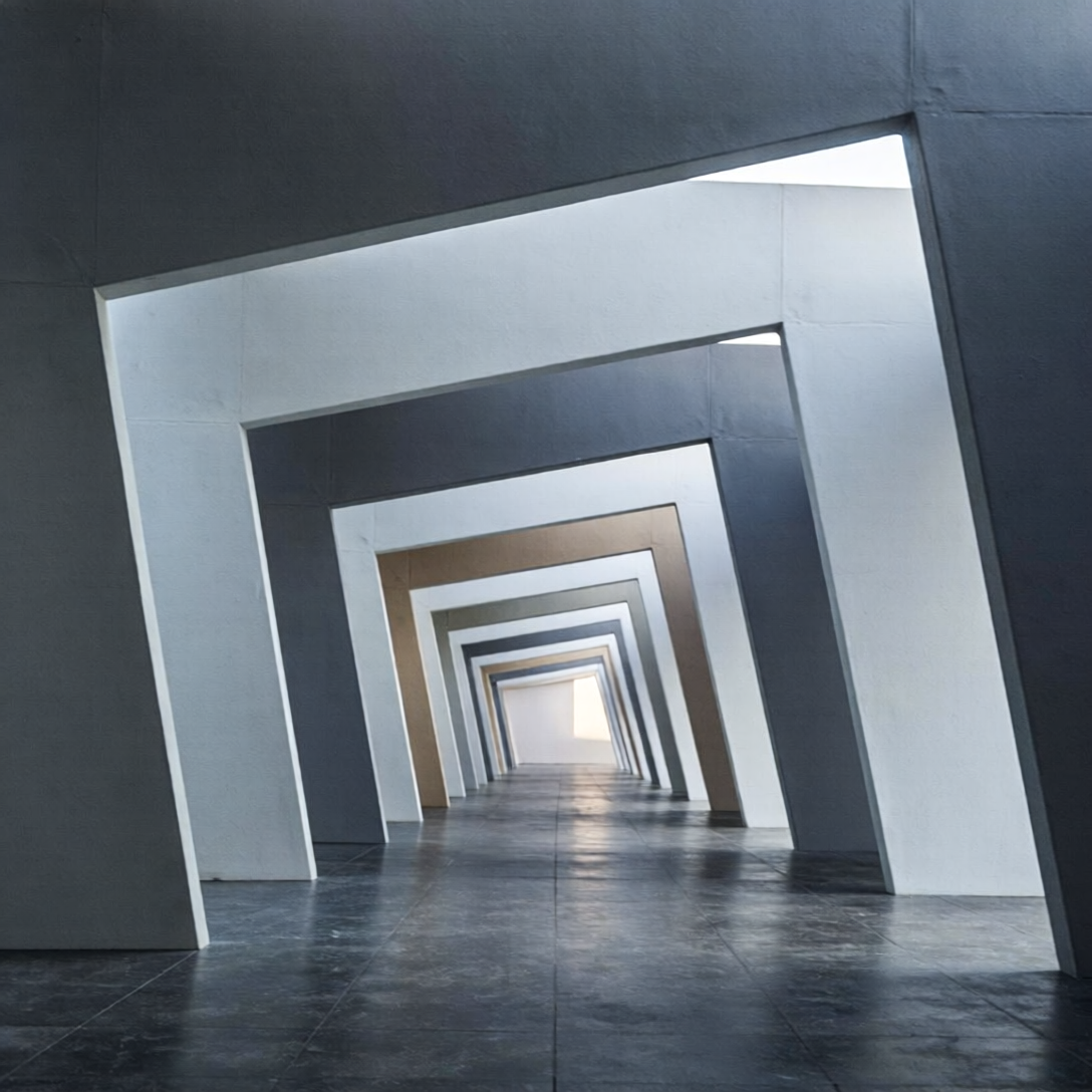 Ilustración conceptual de un pasillo arquitectónico luminoso que simboliza la transformación del marketing con automatización e IA.