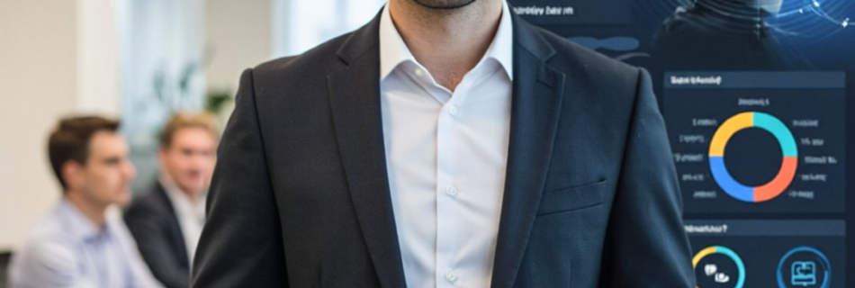 Gerente de marketing observando un panel con datos y elementos de inteligencia artificial que se equilibran con interacciones humanas con clientes.