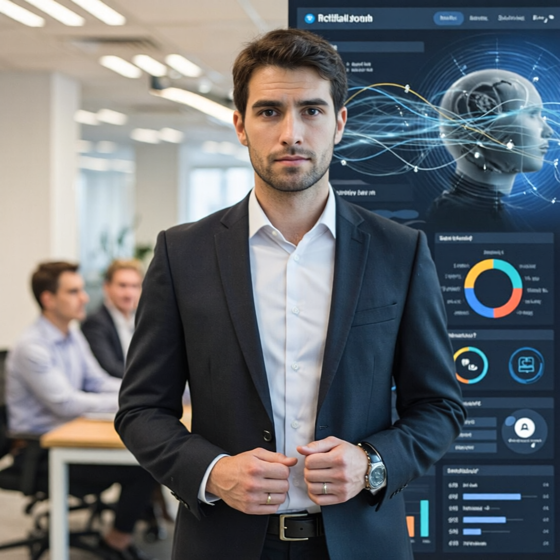 Gerente de marketing observando un panel con datos y elementos de inteligencia artificial que se equilibran con interacciones humanas con clientes.