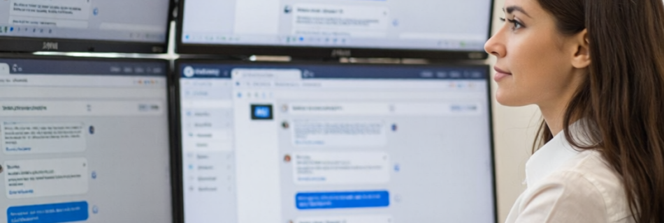 Gerente de marketing analizando resultados de inteligencia artificial en varias pantallas con interfaz moderna.