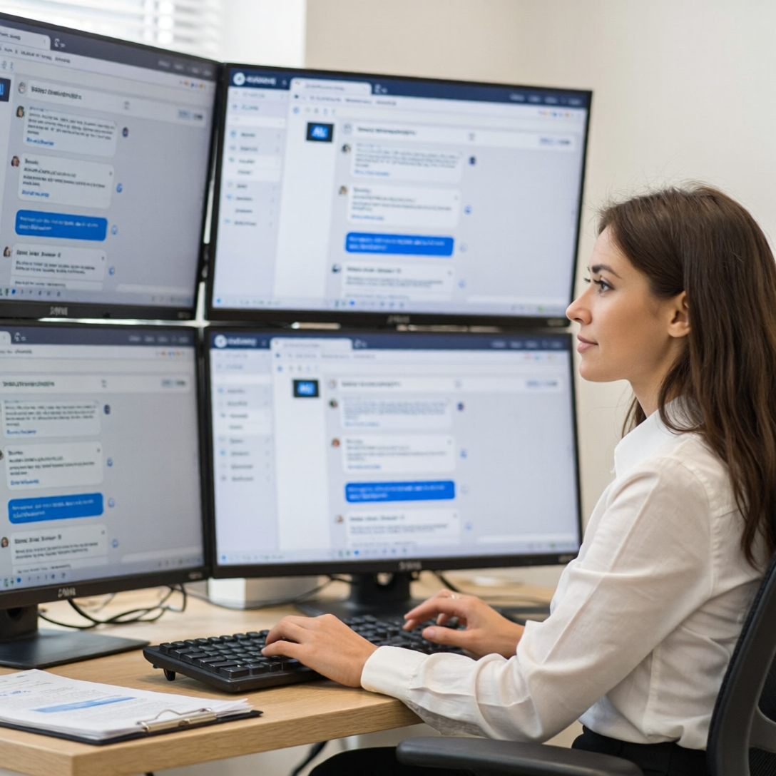 Gerente de marketing analizando resultados de inteligencia artificial en varias pantallas con interfaz moderna.