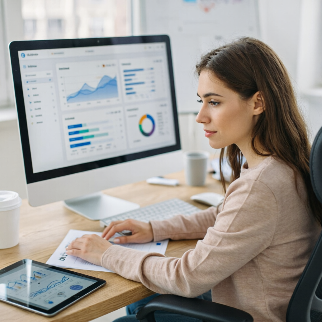 Gerente de marketing revisando un dashboard digital sencillo con pocas métricas clave en una oficina moderna.