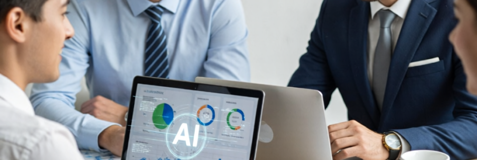 Equipo de una PYME reunido en una oficina moderna usando herramientas digitales con gráficos de datos y elementos de inteligencia artificial en pantalla.