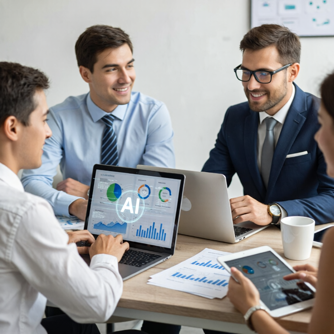 Equipo de una PYME reunido en una oficina moderna usando herramientas digitales con gráficos de datos y elementos de inteligencia artificial en pantalla.