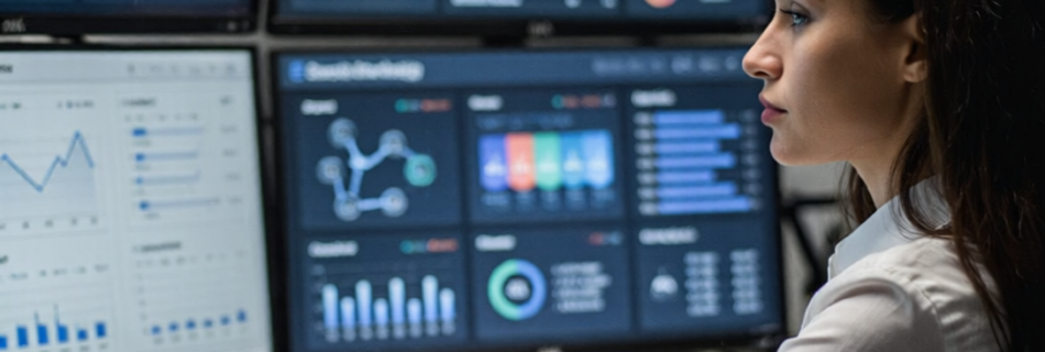 Gerente de marketing observando paneles de analítica SEM con gráficos y elementos de inteligencia artificial en una oficina moderna.