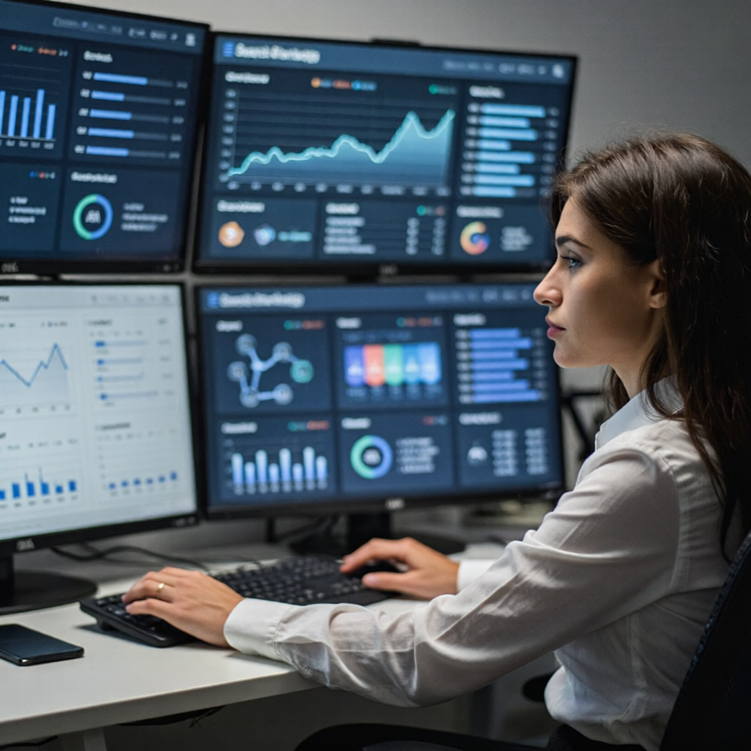 Gerente de marketing observando paneles de analítica SEM con gráficos y elementos de inteligencia artificial en una oficina moderna.