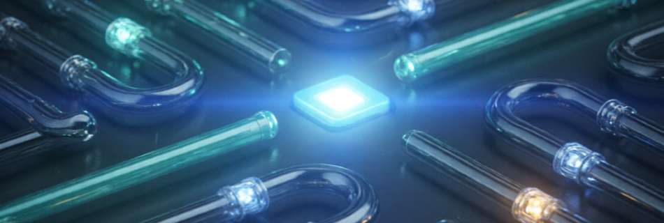 Ilustración conceptual de flujos de luz convergiendo en un núcleo que representa la optimización de campañas de Paid Media con IA y automatización.