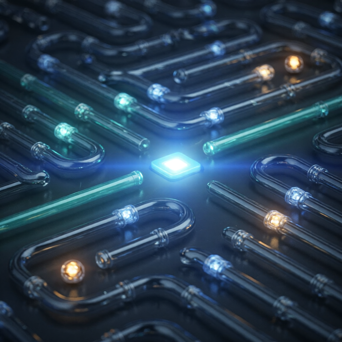 Ilustración conceptual de flujos de luz convergiendo en un núcleo que representa la optimización de campañas de Paid Media con IA y automatización.