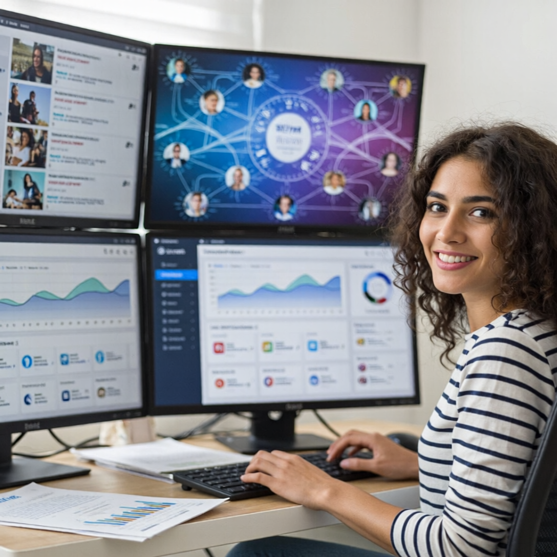 Gerente de marketing analizando en pantallas una comunidad digital apoyada por automatización e inteligencia artificial.