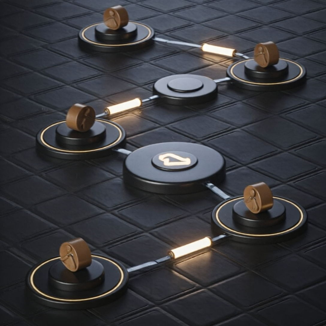 Ilustración conceptual de un flujo de automatización representado por formas geométricas conectadas que avanzan por etapas.