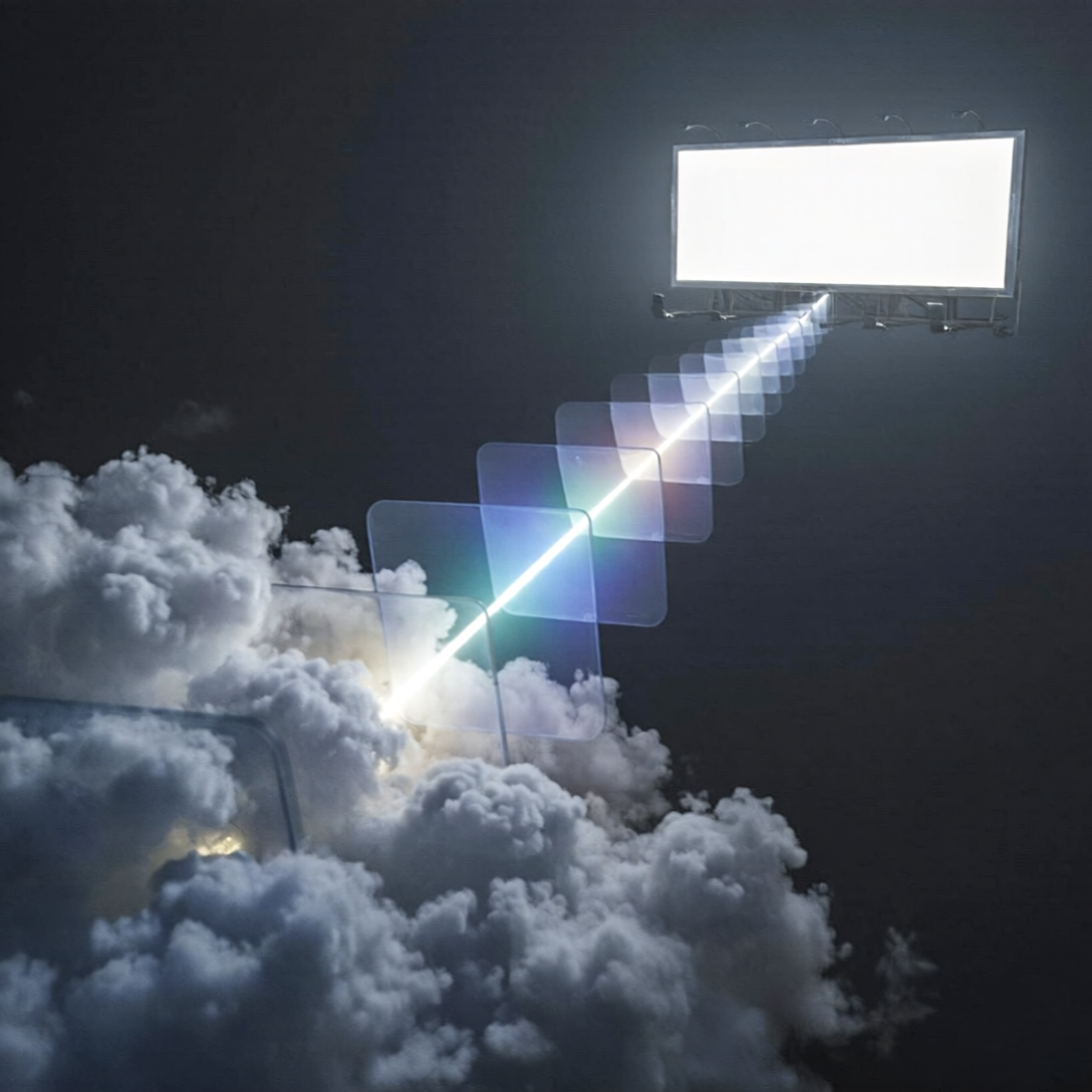 Ilustración conceptual de un haz de luz enfocado que atraviesa formas abstractas y simboliza cómo el prompt engineering clarifica la IA en marketing digital.