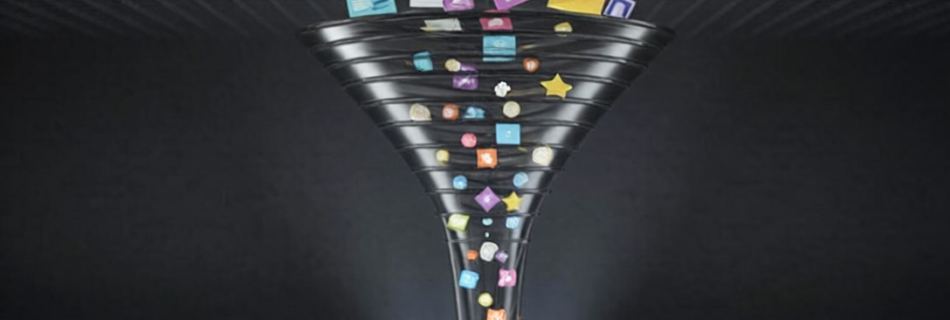 Ilustración conceptual de datos desordenados transformados en haces de luz organizados que simbolizan la IA en marketing digital.