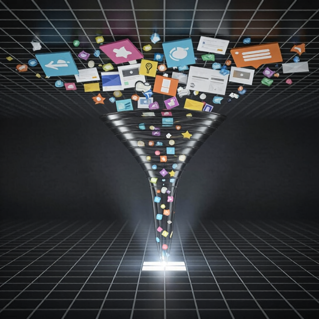 Ilustración conceptual de datos desordenados transformados en haces de luz organizados que simbolizan la IA en marketing digital.