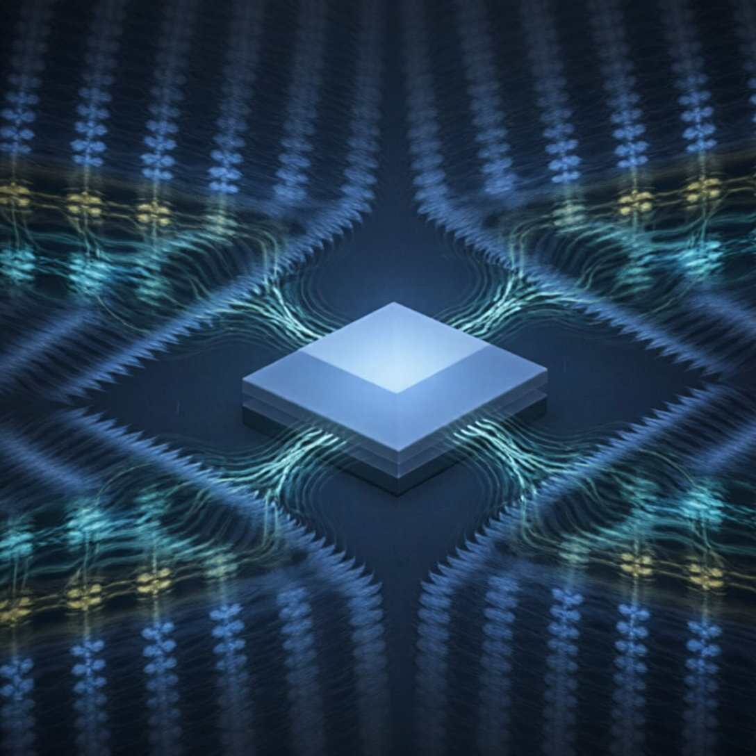 Ilustración conceptual de flujos de datos luminosos ordenándose alrededor de una estructura central que simboliza la inteligencia artificial en marketing digital.