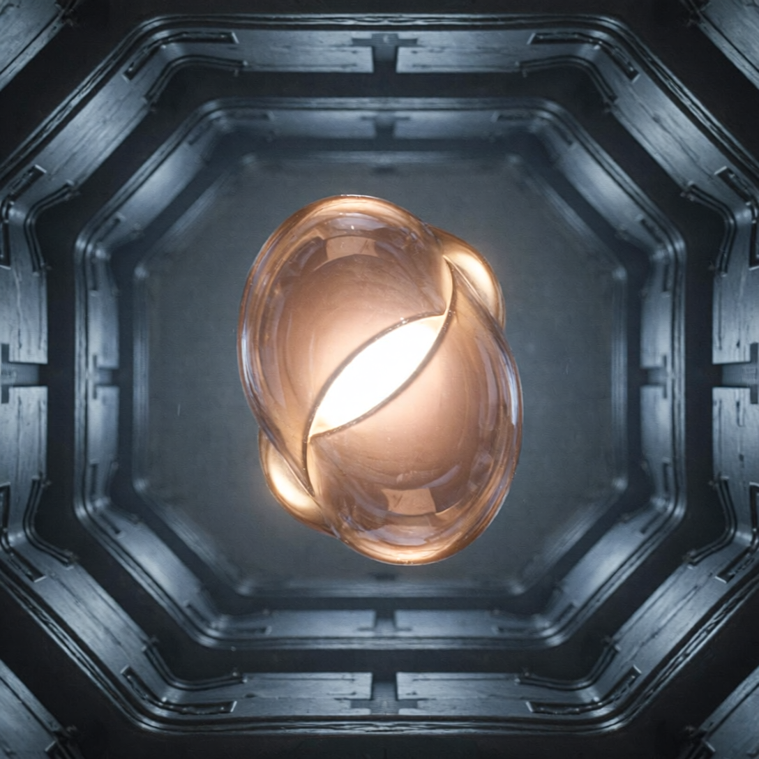 Un núcleo luminoso y orgánico que destaca en medio de un entorno geométrico frío, simbolizando la autenticidad de marca en la era de la IA.