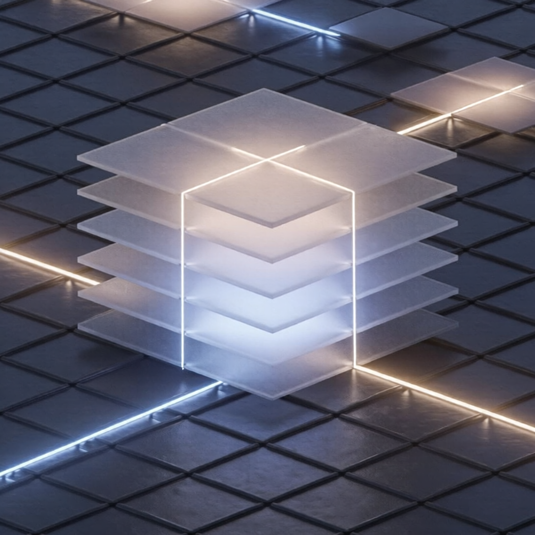 Ilustración conceptual de rutas luminosas que simbolizan un posicionamiento de marca guiado por automatización e inteligencia artificial.