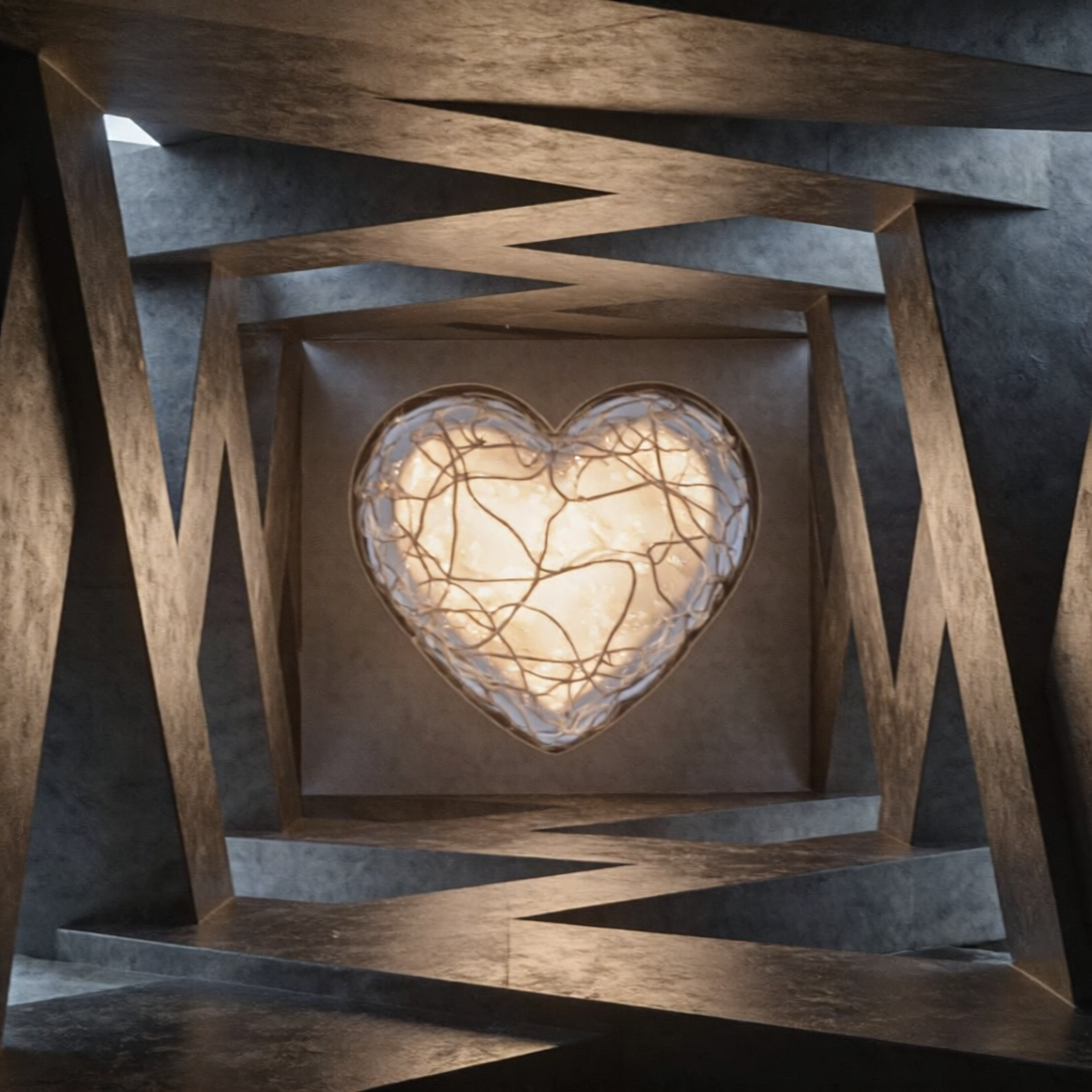 Ilustración conceptual de un núcleo cálido que guía estructuras geométricas frías, simbolizando la autenticidad de marca dirigiendo la tecnología.